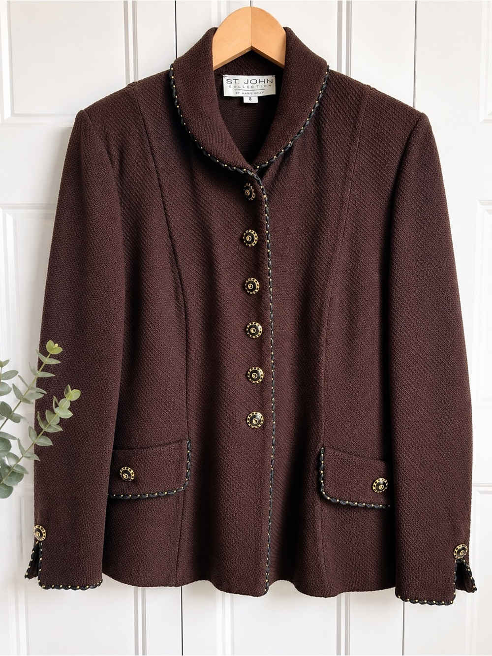 St. John Collection by Marie Gray Brown Knit Blazer Jacket Size 8 Santana Knit